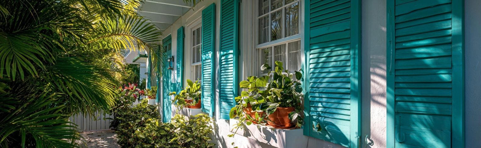 Key West style home with Bahama hurricane shutters adding tropical character