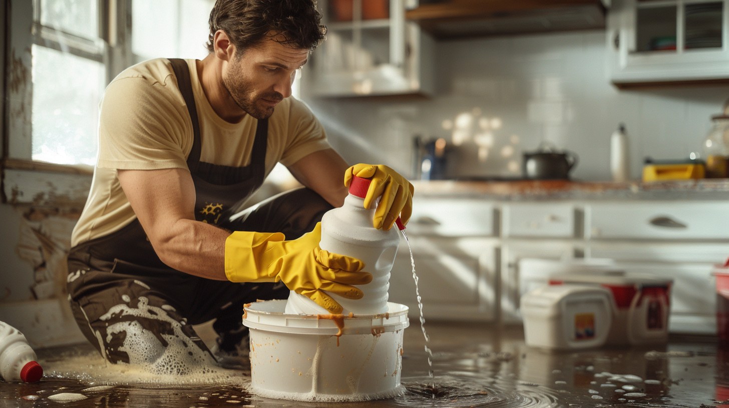 Woman with safety glasses and black nitrile gloves spraying bleach solution on flood-damaged floor during hurricane cleanup