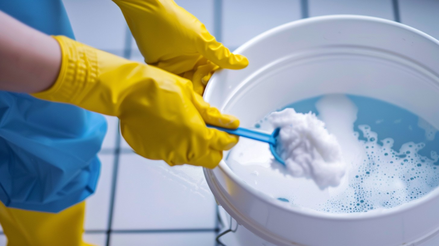 Measuring cup pouring bleach into 5-gallon bucket with tape measure on counter — correct bleach dilution for hurricane cleanup