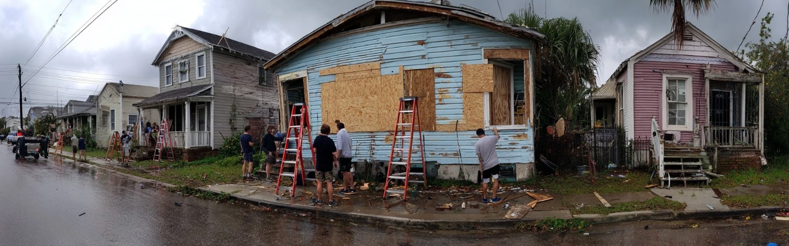 Neighbors helping each other board up windows in a New Orleans neighborhood before hurricane