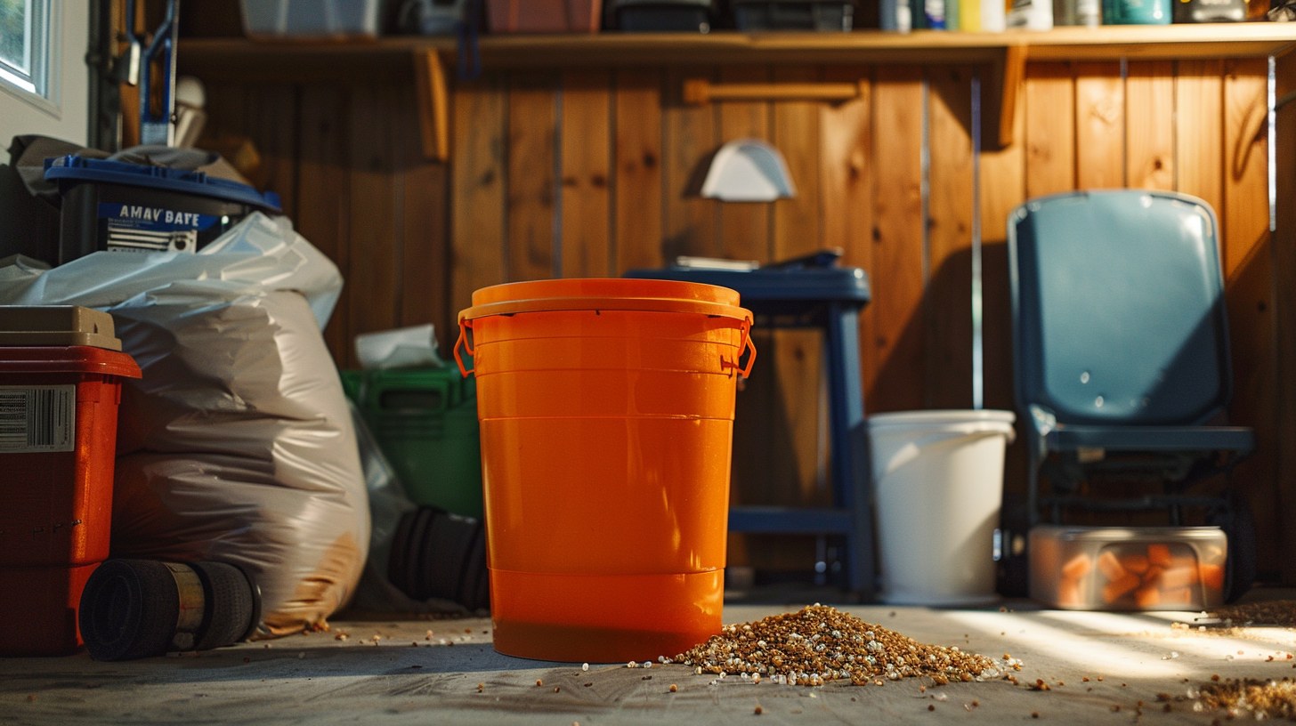 Orange 5-gallon bucket in garage with hurricane prep supplies