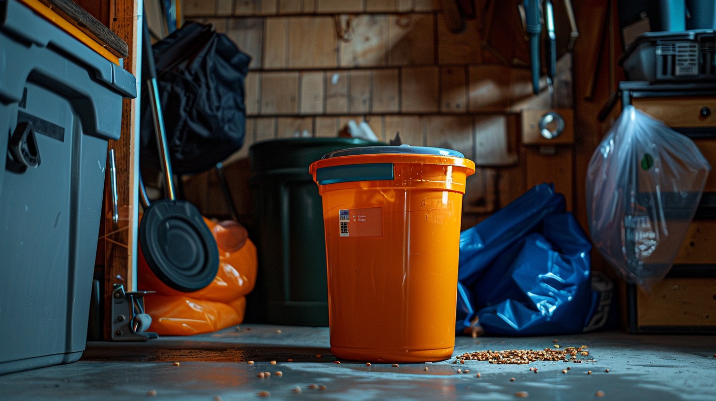 5-gallon bucket close up on garage floor with storm prep supplies