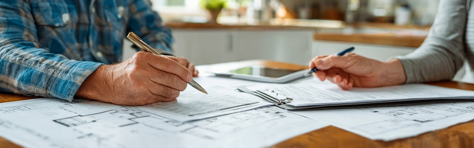 Homeowner and contractor reviewing hurricane protection options at kitchen table