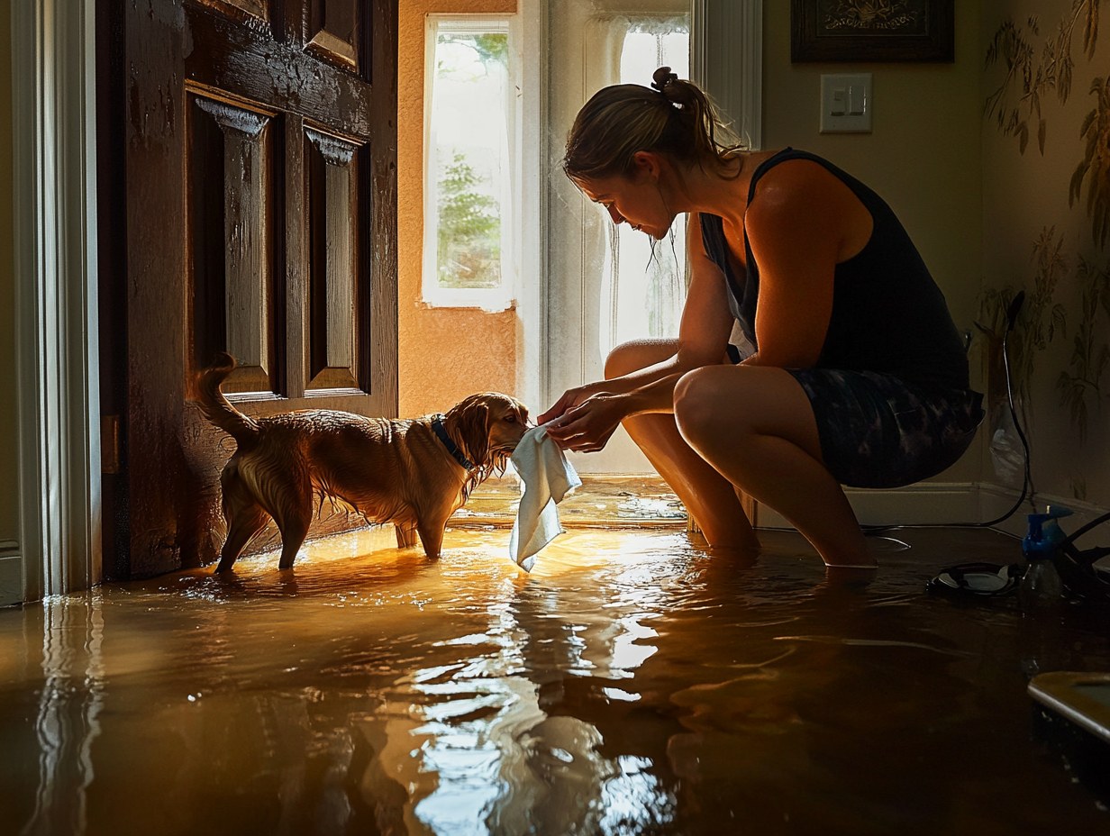 Dog being toweled off at sliding glass door after post-storm outdoor time — keeping contamination out of the home
