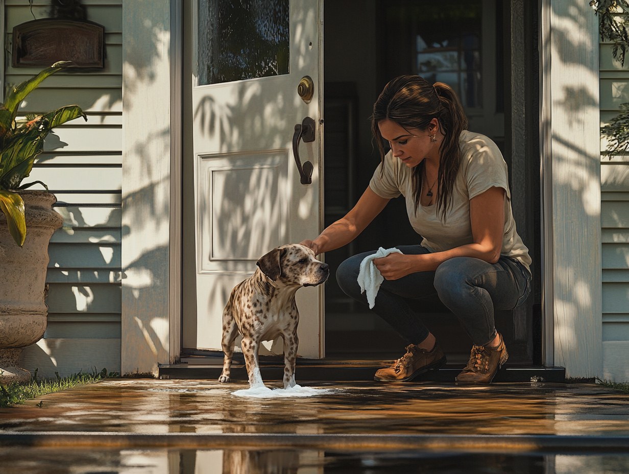 Muddy rubber work boot sitting outside Florida home next to bucket of soapy water and flip flops — the decontamination zone after hurricane cleanup