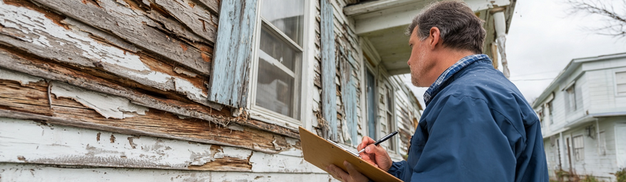 Contractor with clipboard inspecting storm damage