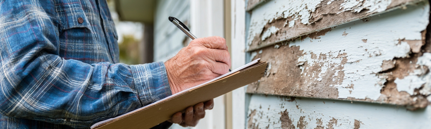 Inspector closely examining wind damage to home exterior