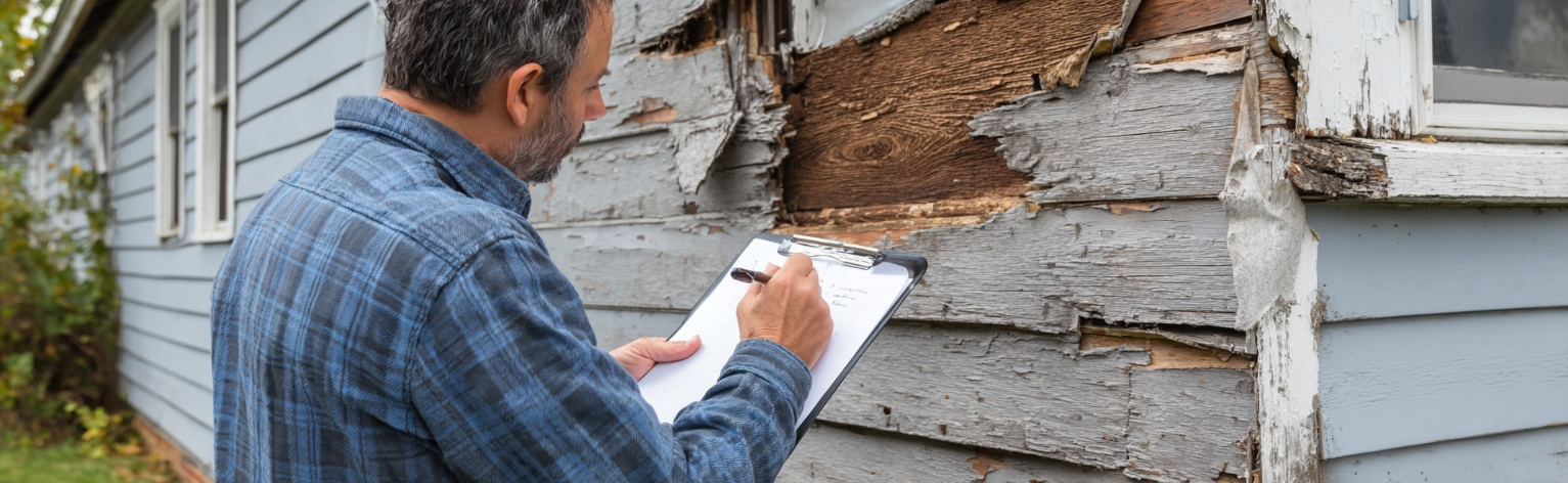 Contractor documenting structural damage with clipboard