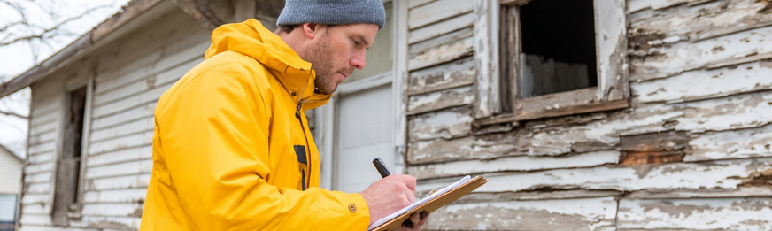 Inspector in yellow rain jacket assessing storm damage