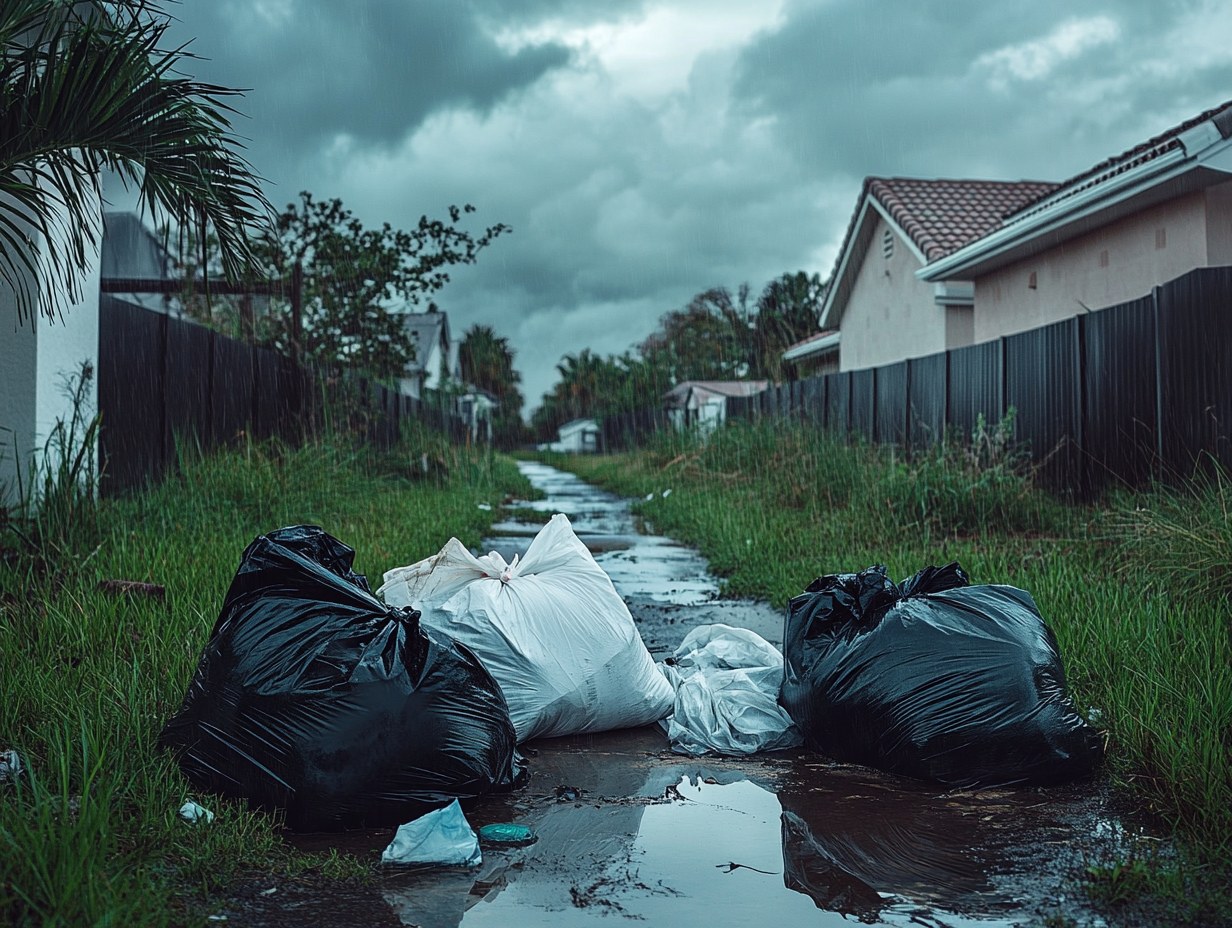 Hurricane waste bags in the rain — contaminated runoff reaching street drains