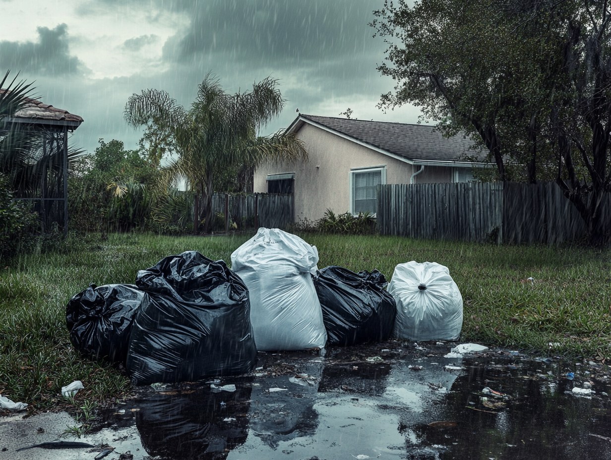 Black contractor garbage bag labeled BIOHAZARD DO NOT OPEN at Florida curb after hurricane with loose dog in street and owner walking away