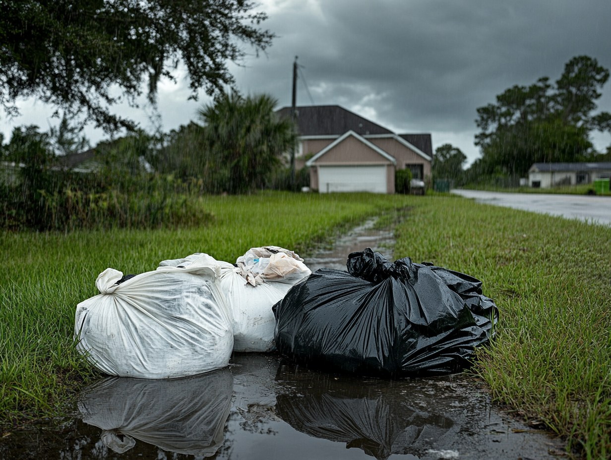 Florida neighborhood after hurricane — labeled bags at every curb, child on bicycle in background, debris in street
