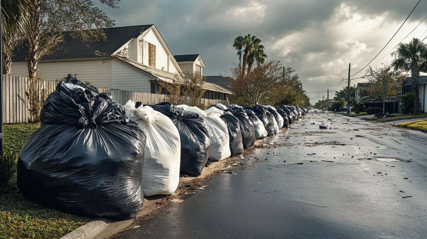 Florida neighborhood street lined with contractor garbage bags after hurricane — this is what every coastal street looks like for weeks after a major storm