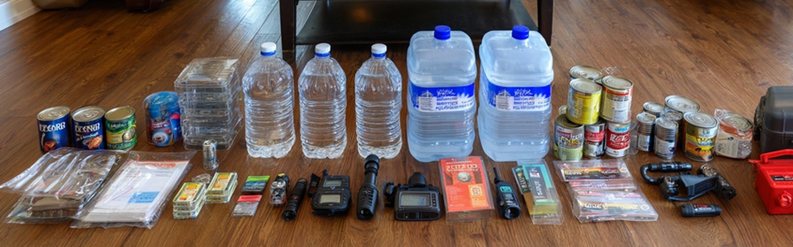 Hurricane preparedness supplies including water jugs, flashlights and first aid