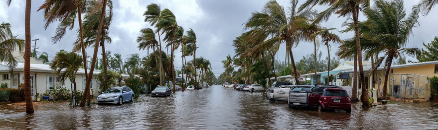 Florida street flooded during hurricane with palm trees bending