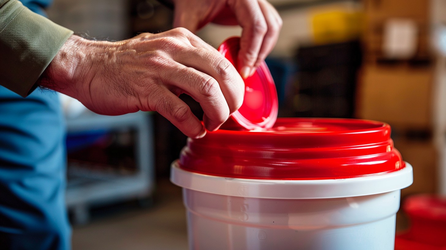 Orange 5-gallon bucket with black Gamma Seal threaded lid on Florida garage floor with hurricane prep supplies visible in background