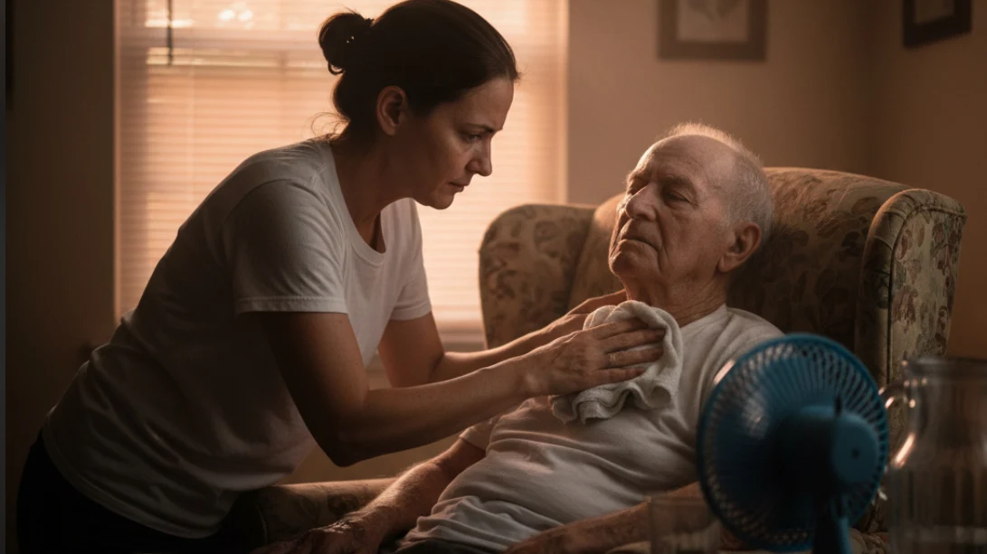 Caregiver applying cool towel to elderly man showing signs of heat stress, fan and water nearby