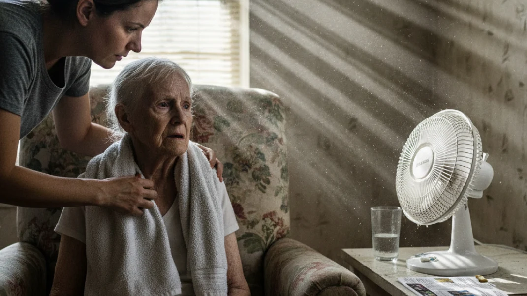 Adult checking on elderly woman in dangerously hot home, small fan running beside her