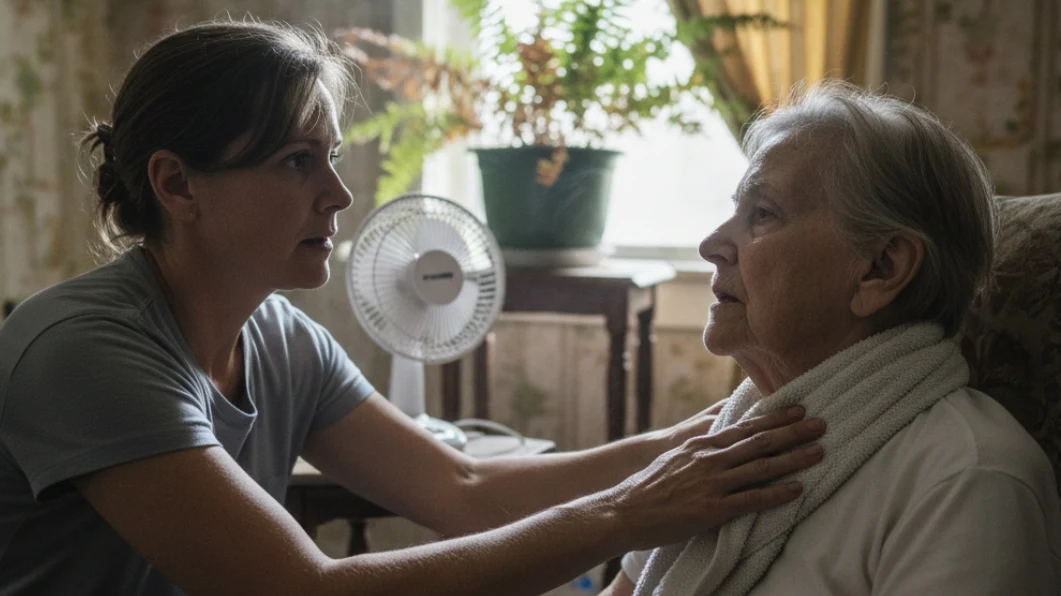 Caregiver checking on frail elderly person showing signs of heat stress in hot home