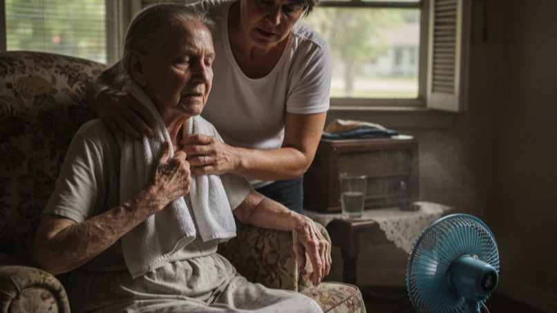 Adult helping elderly person in heat emergency, applying cool wet towel, fan running nearby