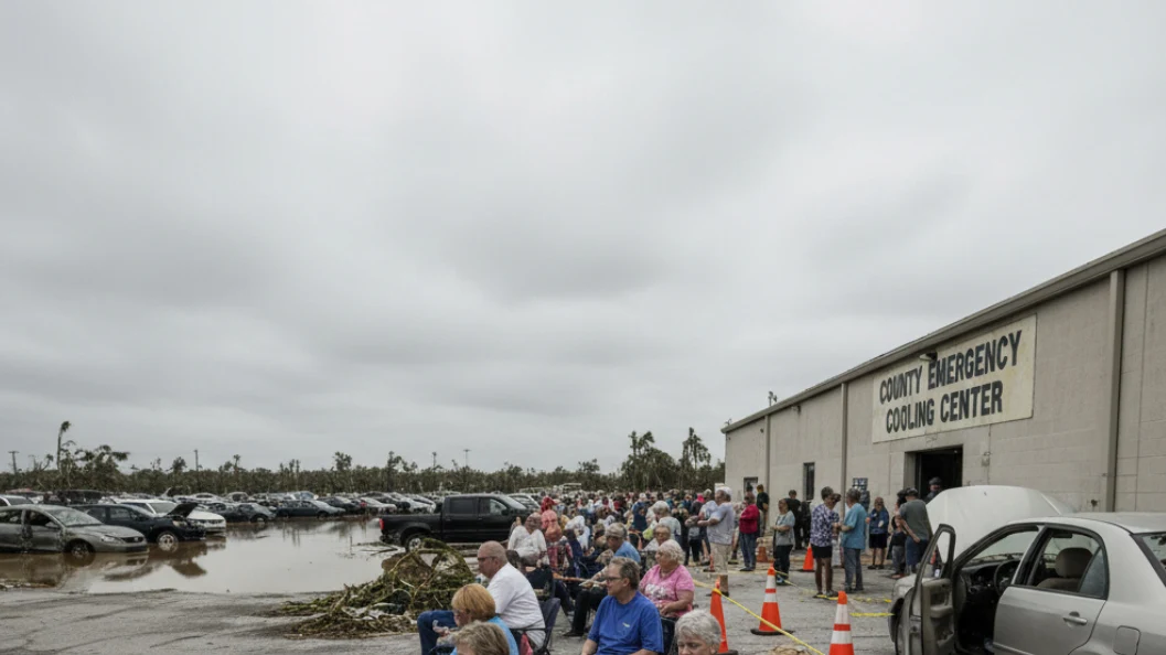 County Emergency Cooling Center with long line of elderly residents in chairs after hurricane