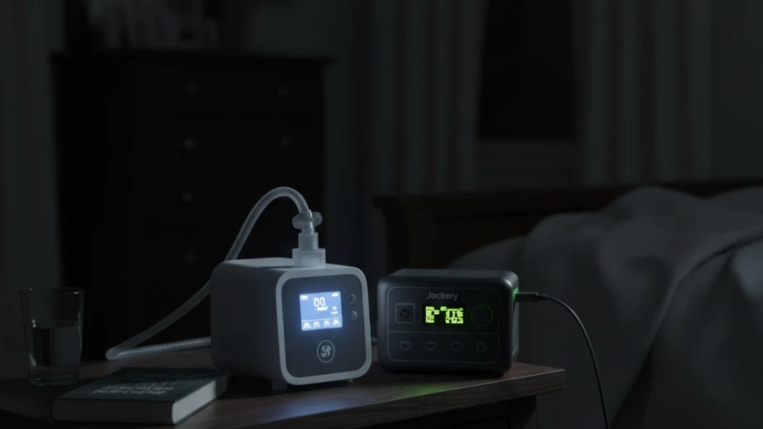 CPAP machine and Jackery power station on bedside table during power outage, bedroom in background