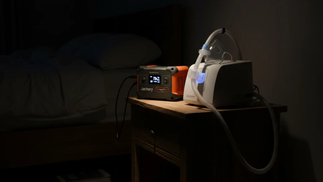 CPAP machine powered by Jackery portable power station on nightstand during hurricane power outage