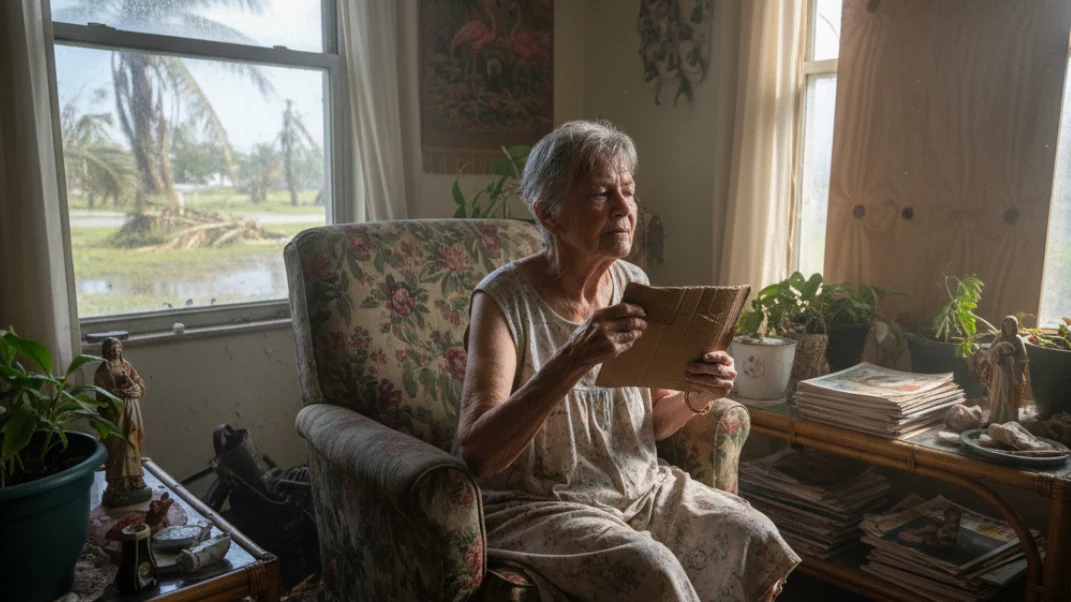 Elderly Florida woman fanning herself in hot home after hurricane with flooded yard visible outside