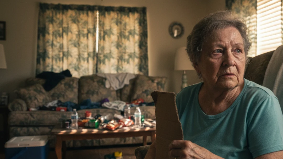 Elderly woman in sweltering hot home without air conditioning after hurricane power outage