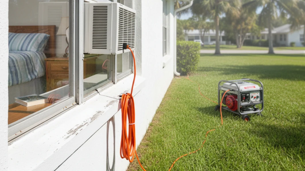 Window air conditioning unit connected to generator outside Florida home during power outage