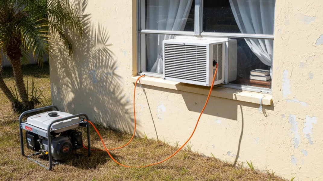 Window AC unit powered by generator on Florida stucco home during hurricane power outage