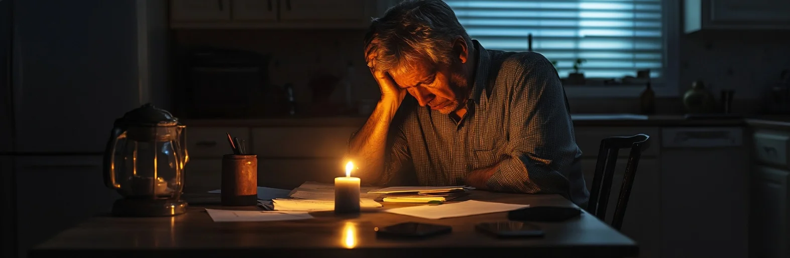 Stressed adult at kitchen table during power outage