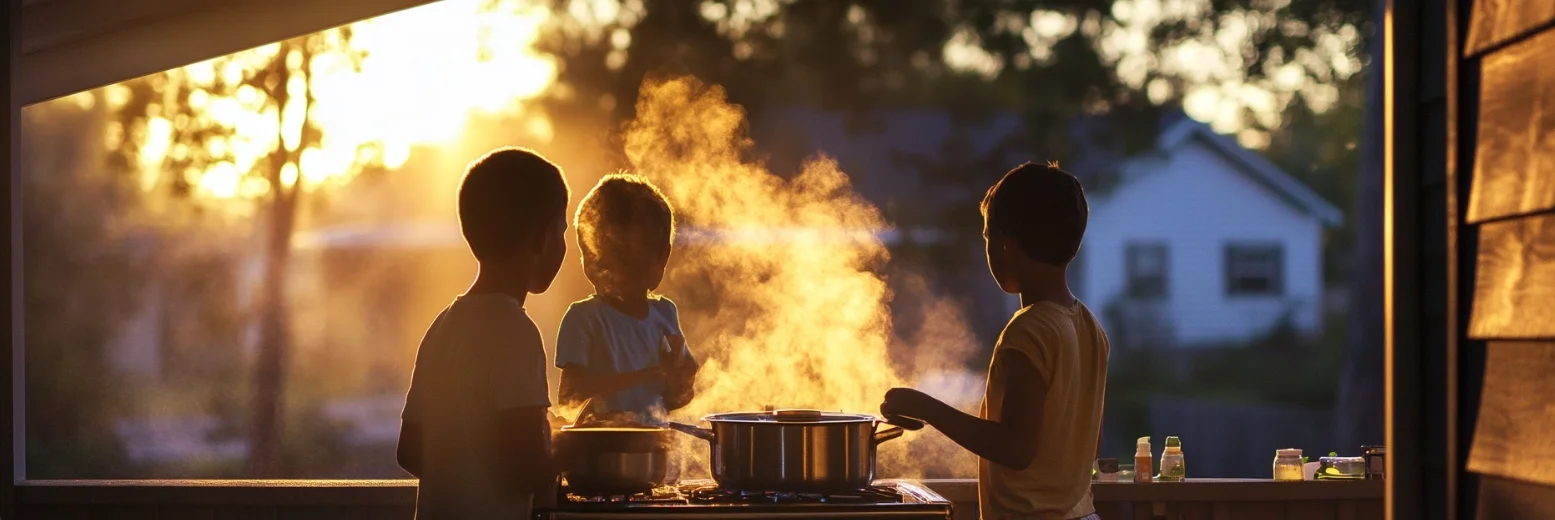 Family cooking on camp stove during power outage