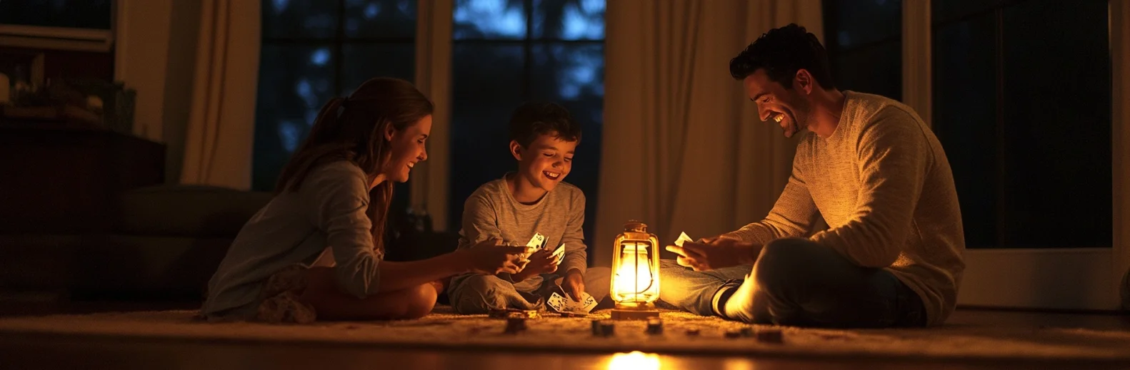 Family playing cards by lantern during power outage