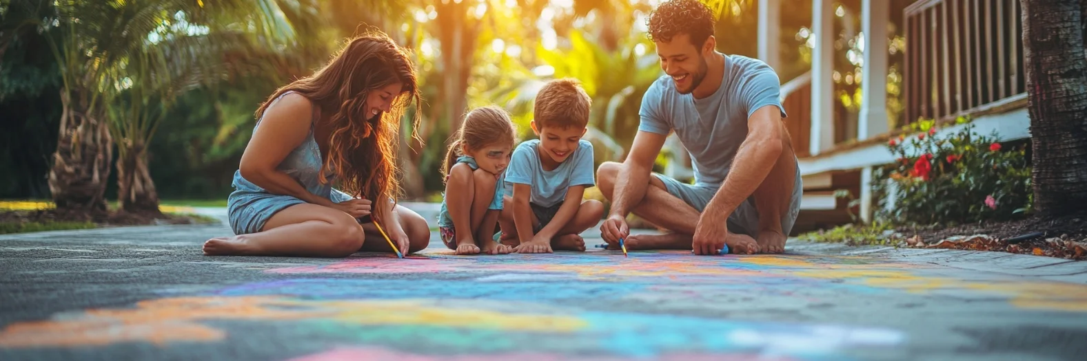 Family drawing chalk art on driveway during power outage