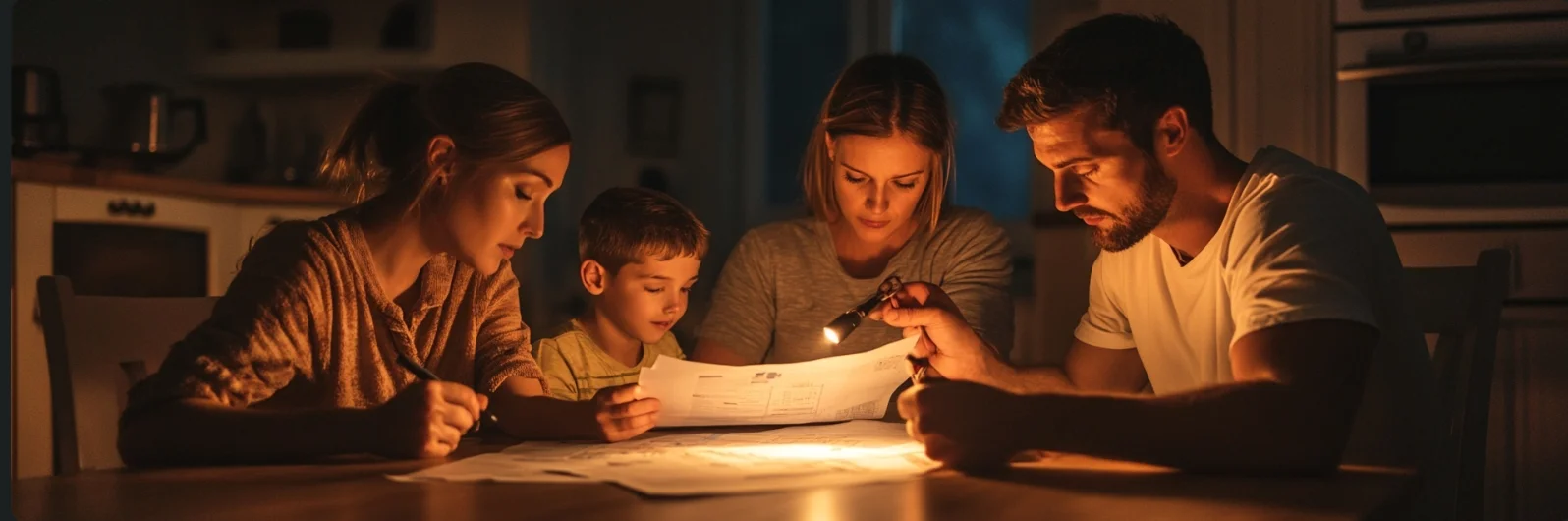Family reviewing emergency plan by flashlight