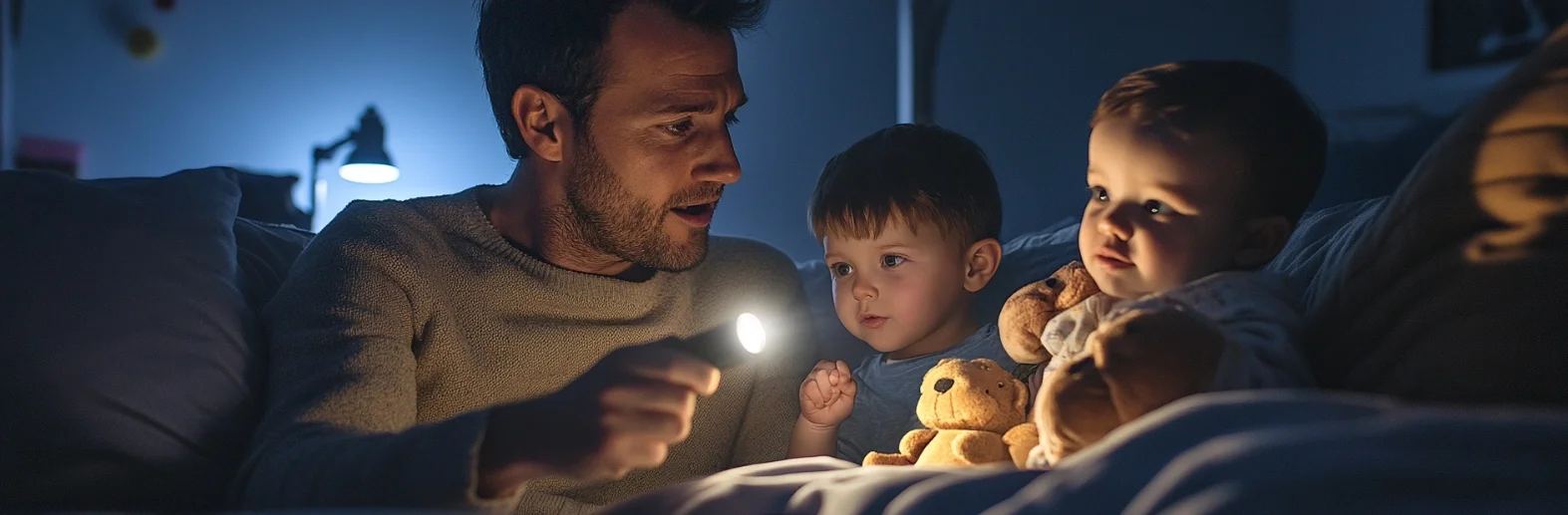 Parent telling flashlight stories to kids during outage