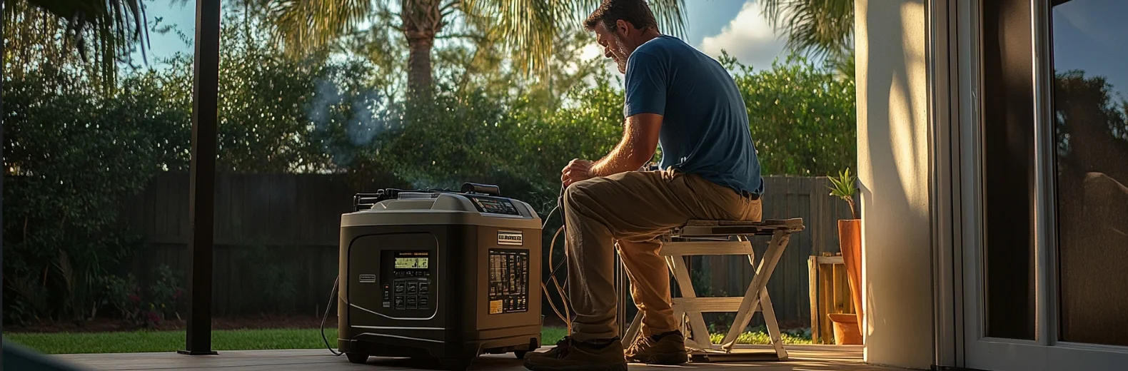Homeowner running generator after hurricane power outage
