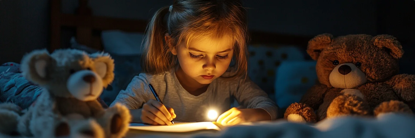Child writing in journal by flashlight during power outage