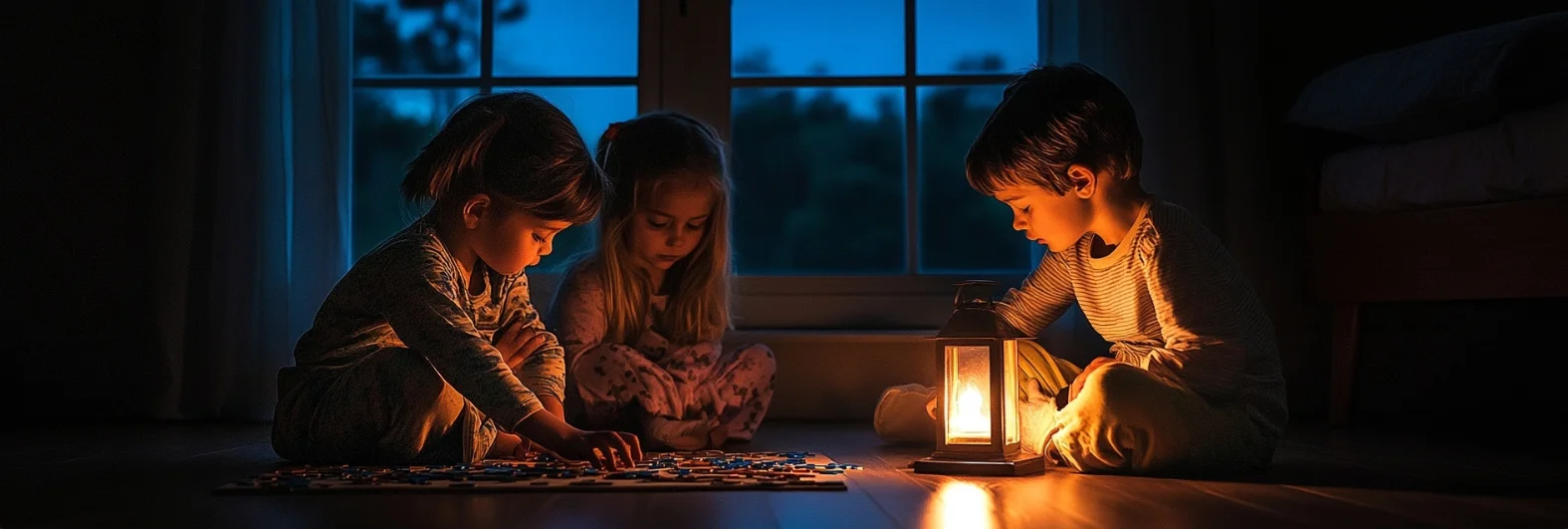 Children doing puzzle by lantern during power outage