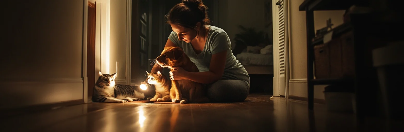 Woman comforting pets during hurricane