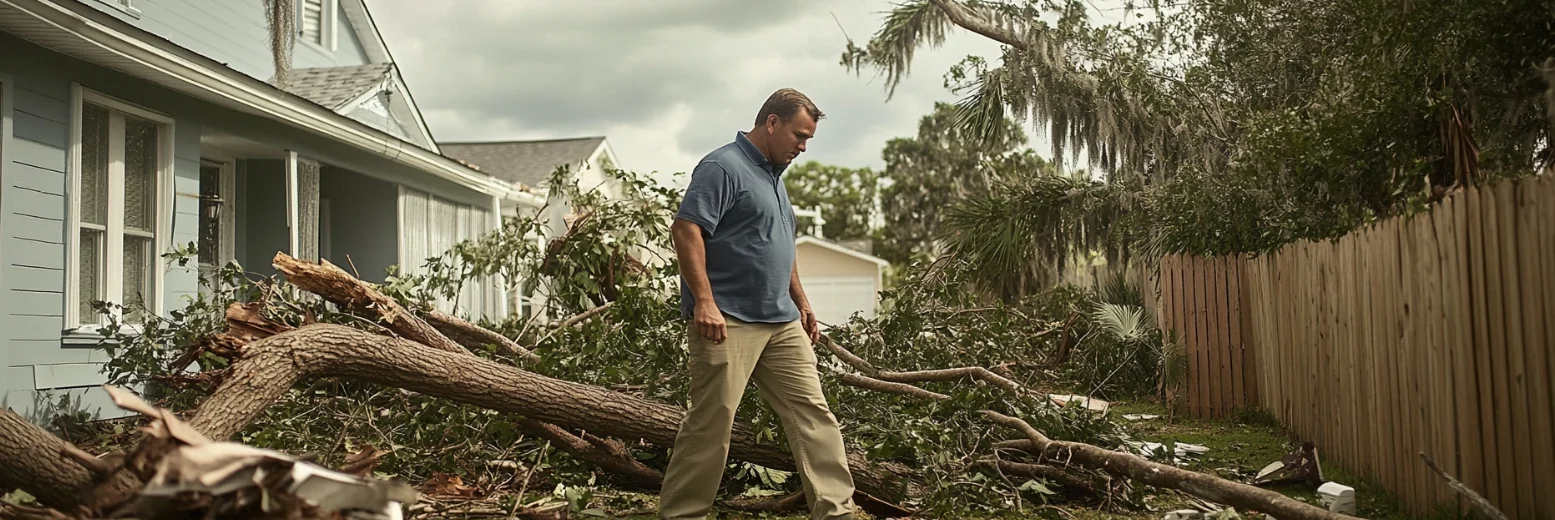 Homeowner assessing storm damage after hurricane