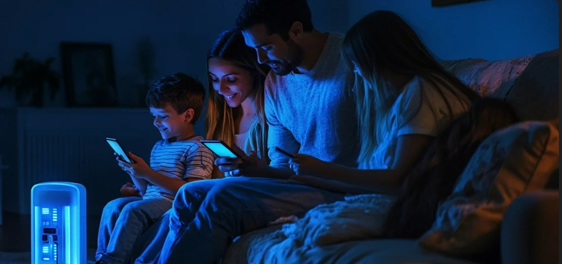 Family charging devices on power station during outage