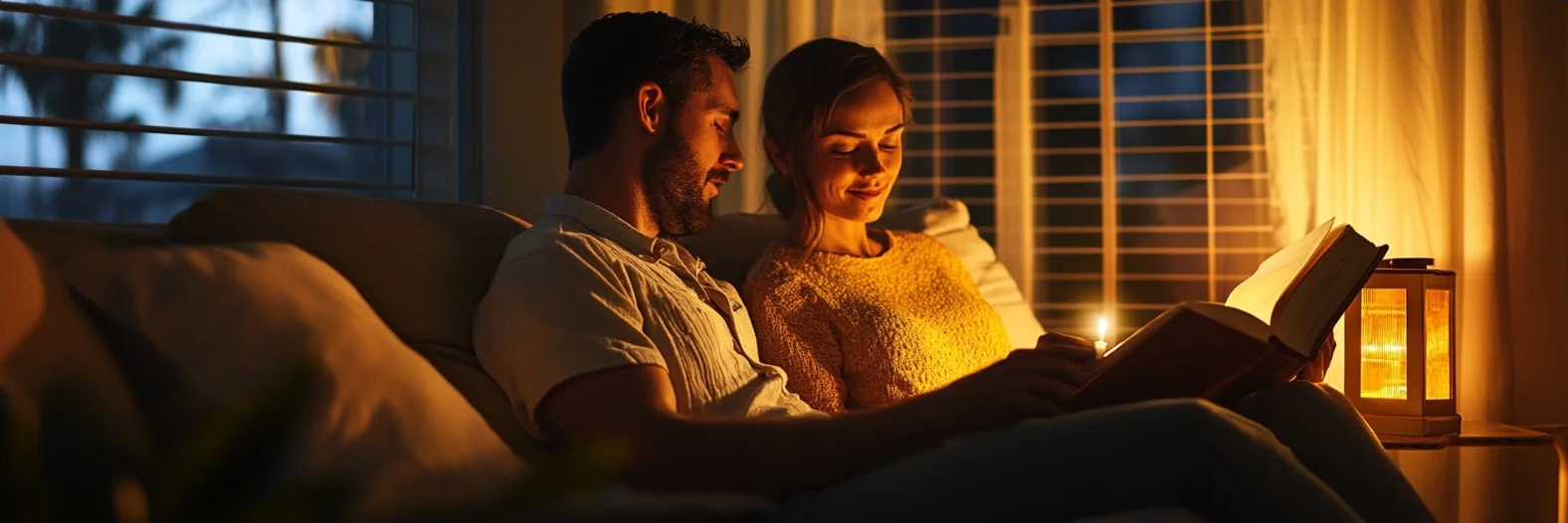 Couple reading by lantern during power outage
