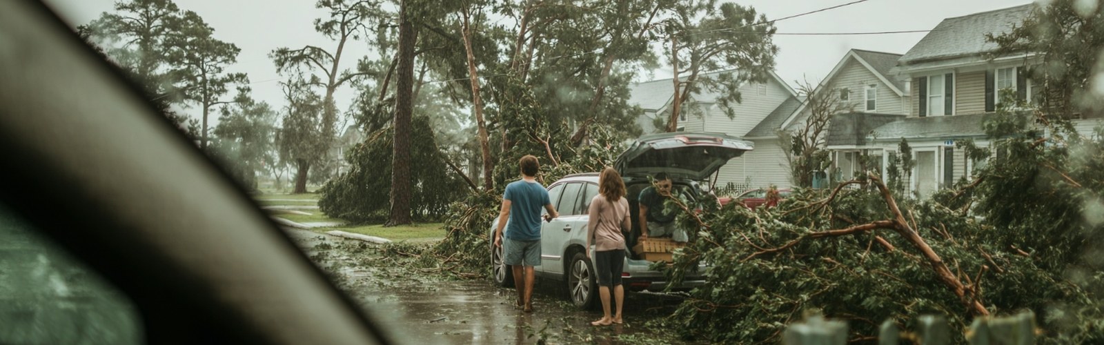 People loading car amid fallen trees during hurricane evacuation