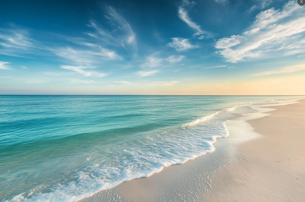 Deceptively calm Gulf Coast beach on a clear sunny day with turquoise water