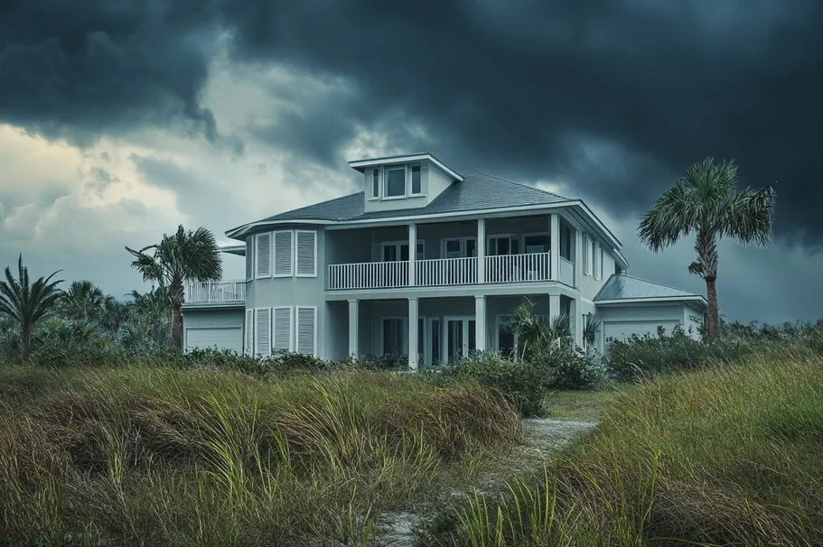 Florida coastal home with dark storm clouds building as a hurricane approaches — the time to prepare is before the clouds arrive