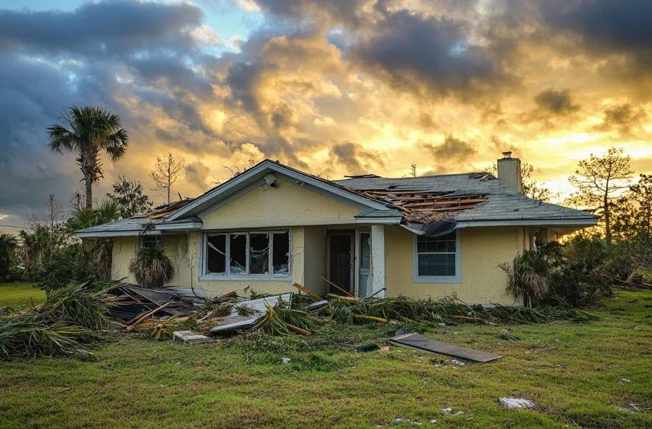 Florida home with severe hurricane damage showing roof destruction and debris in the yard at sunset