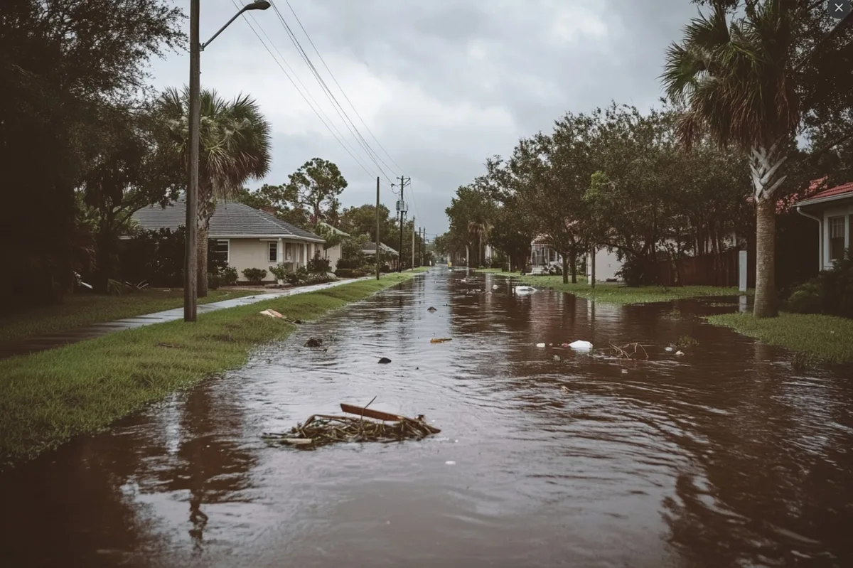 Flooded residential street in Florida after hurricane storm surge with debris in water and palm trees