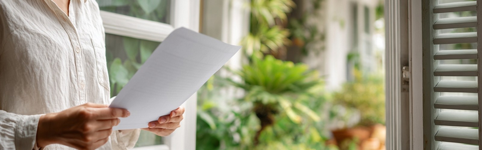 Homeowner reading insurance contract documents next to window with shutters
